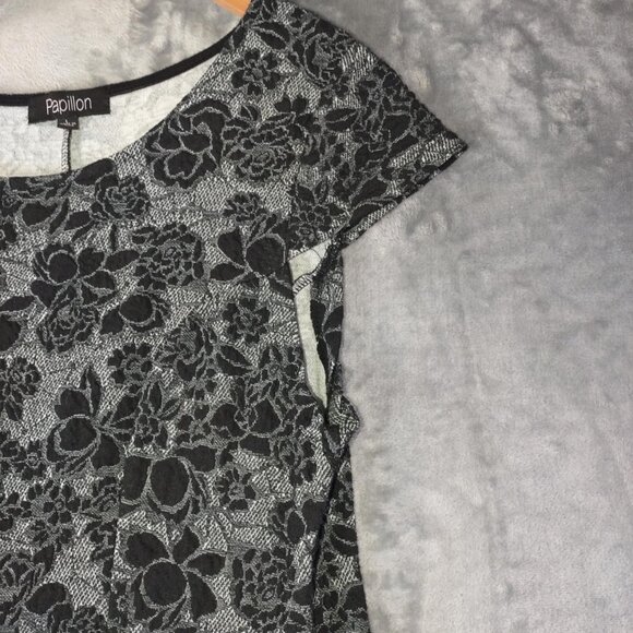 Papillon Womens L Black Floral Fit & Flare Dress Short Sleeve Jacquard Embossed - Picture 6 of 8